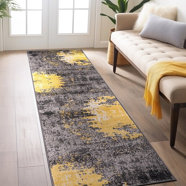 World Rug Gallery Contemporary Abstract Splash Non Shedding Soft Area Rug 2' x 7' Yellow 391YELLOW2x7 - main